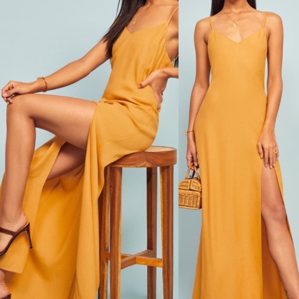 NWT Reformation Harlowe Front Slit‎ Maxi Dress V-Neck Size 2 Ochre Yellow Boho
